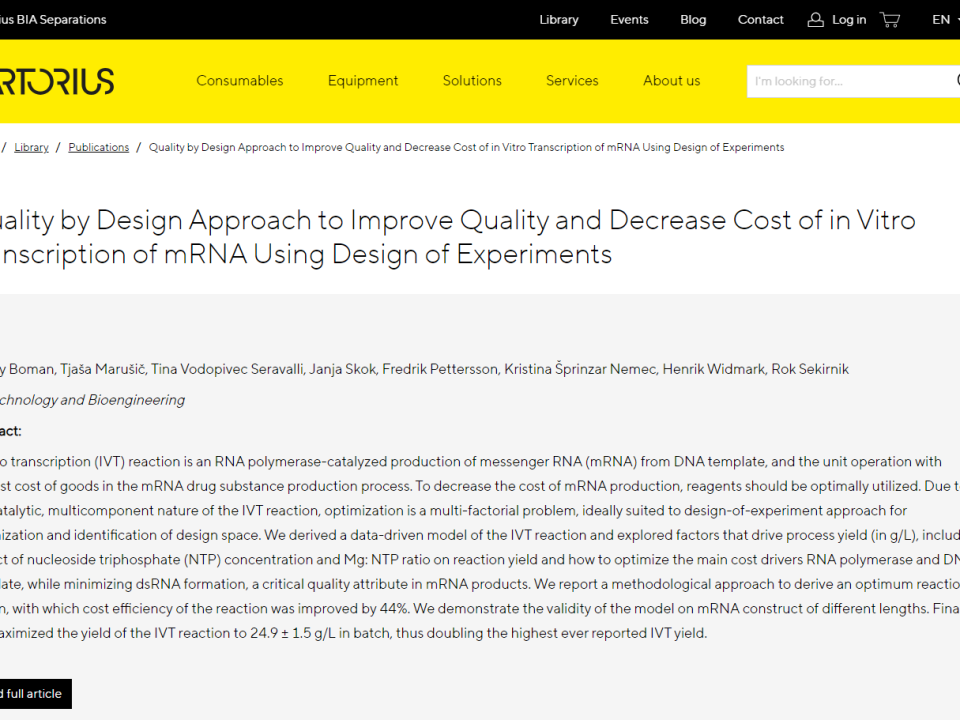 Sartorius improve quality and decrease cost of IVT mRNA