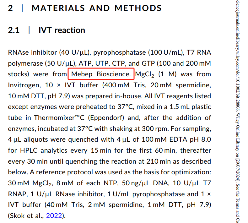 RNase inhibitor, pyrophosphatase, T7 RNA polymerase, ATP, GTP, CTP, UTP were from Mebep Bio science.